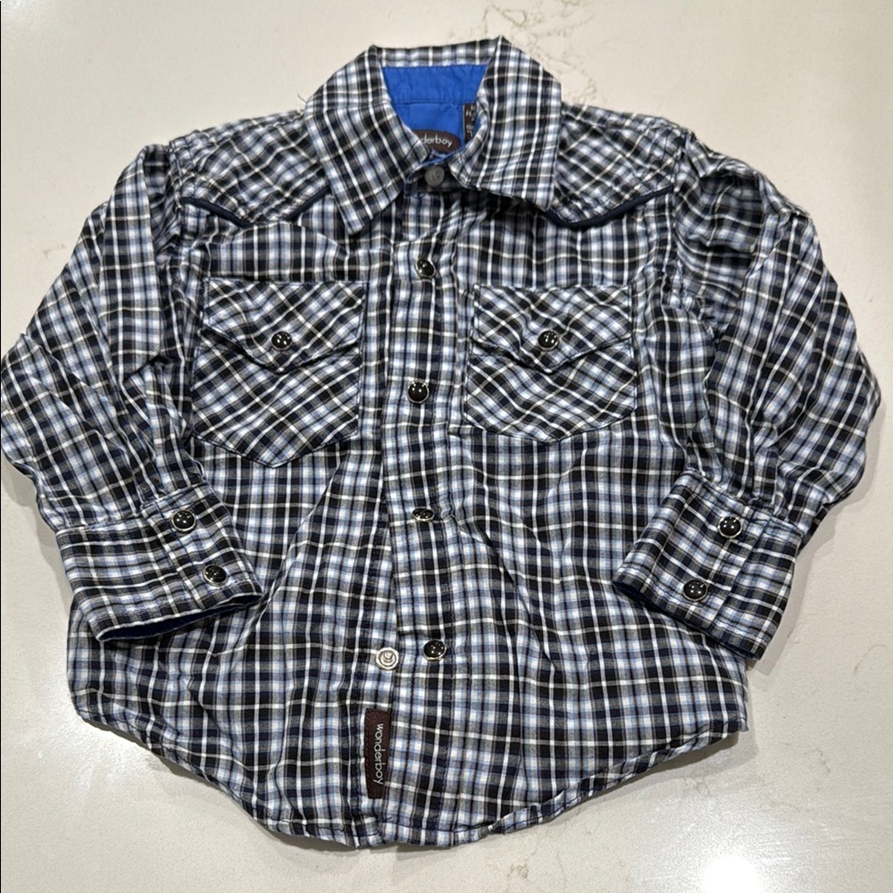 Wonderboy darling boys western cut, snap, Blue and Black Plaid Button-Up Shirt